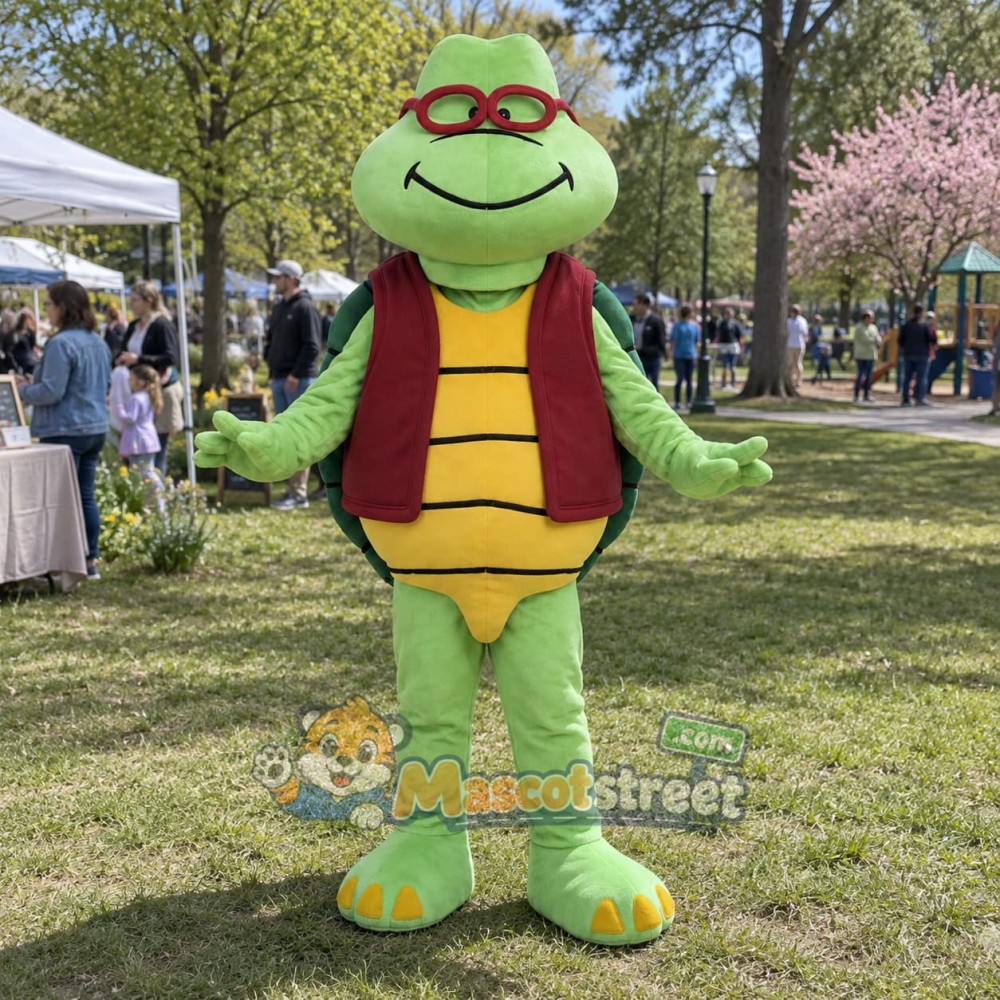 Green Turtle Mascot Costume with Burgundy Vest Green Turtle Mascot Costume with Burgundy Vest