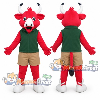 Red Bull Mascot Costume with Green Vest and Tan Shorts
