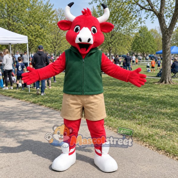 Red Bull Mascot Costume with Green Vest and Tan Shorts