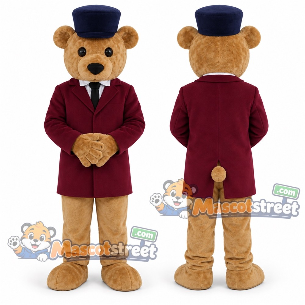 Brown Bear Mascot Costume with Burgundy Blazer and Navy Top Hat Brown Bear Mascot Costume with Burgundy Blazer and Navy Top Hat