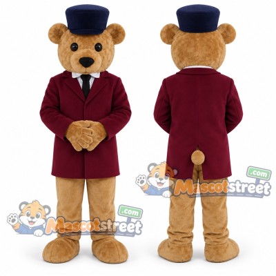Brown Bear Mascot Costume with Burgundy Blazer and Navy Top Hat Brown Bear Mascot Costume with Burgundy Blazer and Navy Top Hat