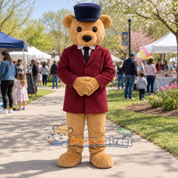 Brown Bear Mascot Costume with Burgundy Blazer and Navy Top Hat