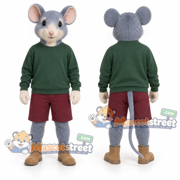 Gray Mouse Mascot Costume with Green Sweater and Burgundy Shorts