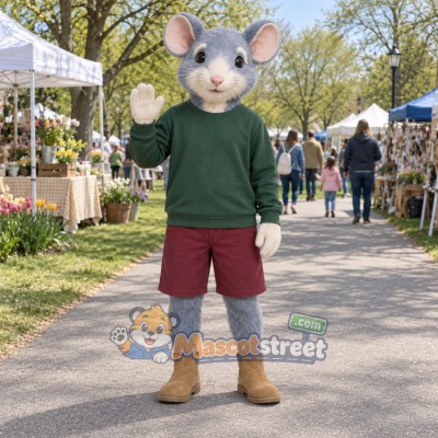 Gray Mouse Mascot Costume with Green Sweater and Burgundy Shorts