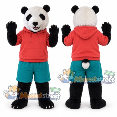 Panda Mascot Costume with Orange Shirt and Teal Shorts