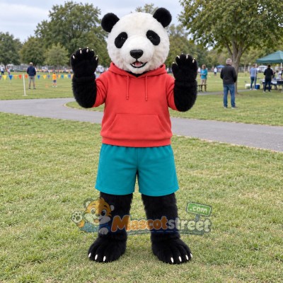 Panda Mascot Costume with Orange Shirt and Teal Shorts