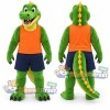 Green Crocodile Mascot Costume with Orange Vest and Navy Shorts