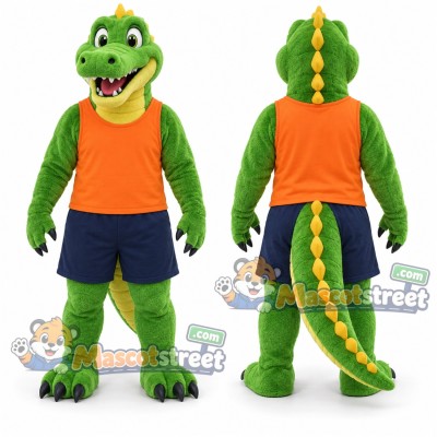Green Crocodile Mascot Costume with Orange Vest and Navy Shorts