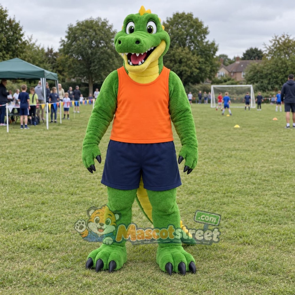 Green Crocodile Mascot Costume with Orange Vest and Navy Shorts