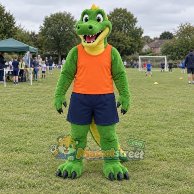 Green Crocodile Mascot Costume with Orange Vest and Navy Shorts