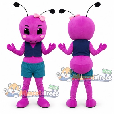 Pink Ant Mascot Costume with Navy Vest and Teal Shorts
