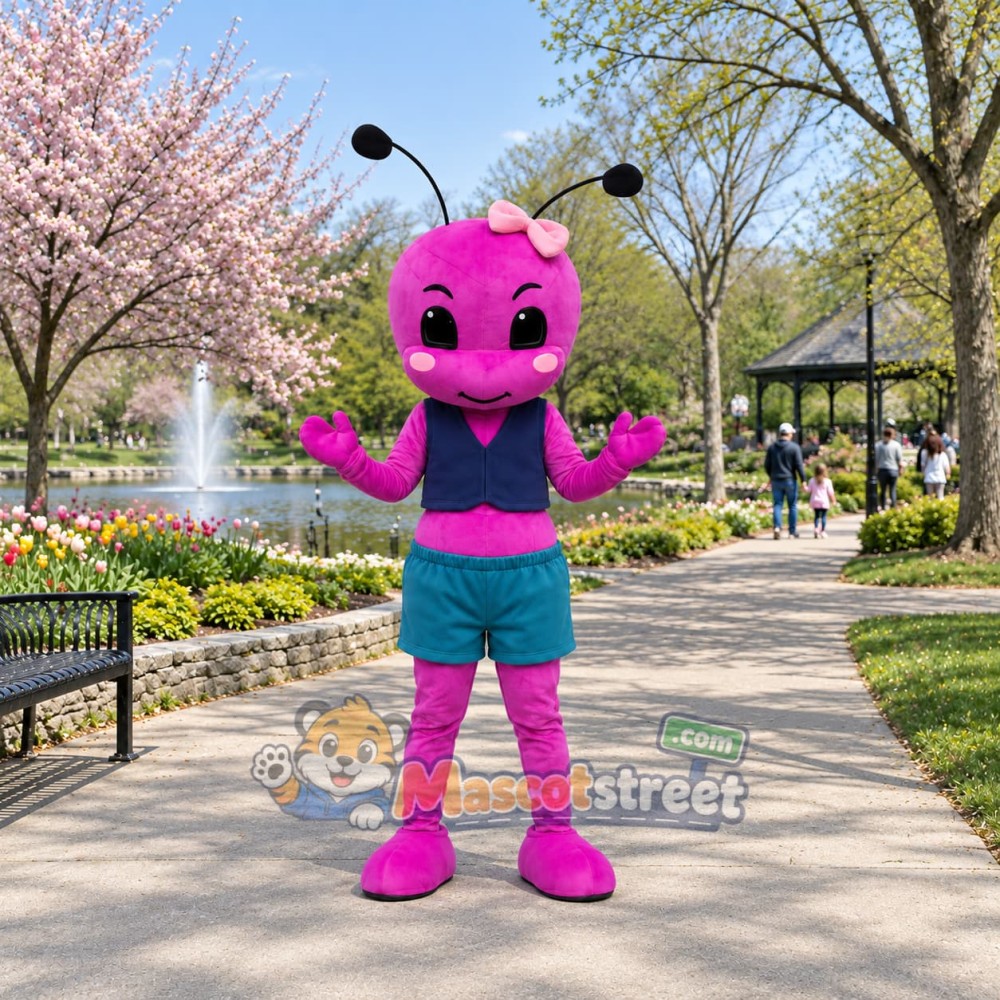 Pink Ant Mascot Costume with Navy Vest and Teal Shorts