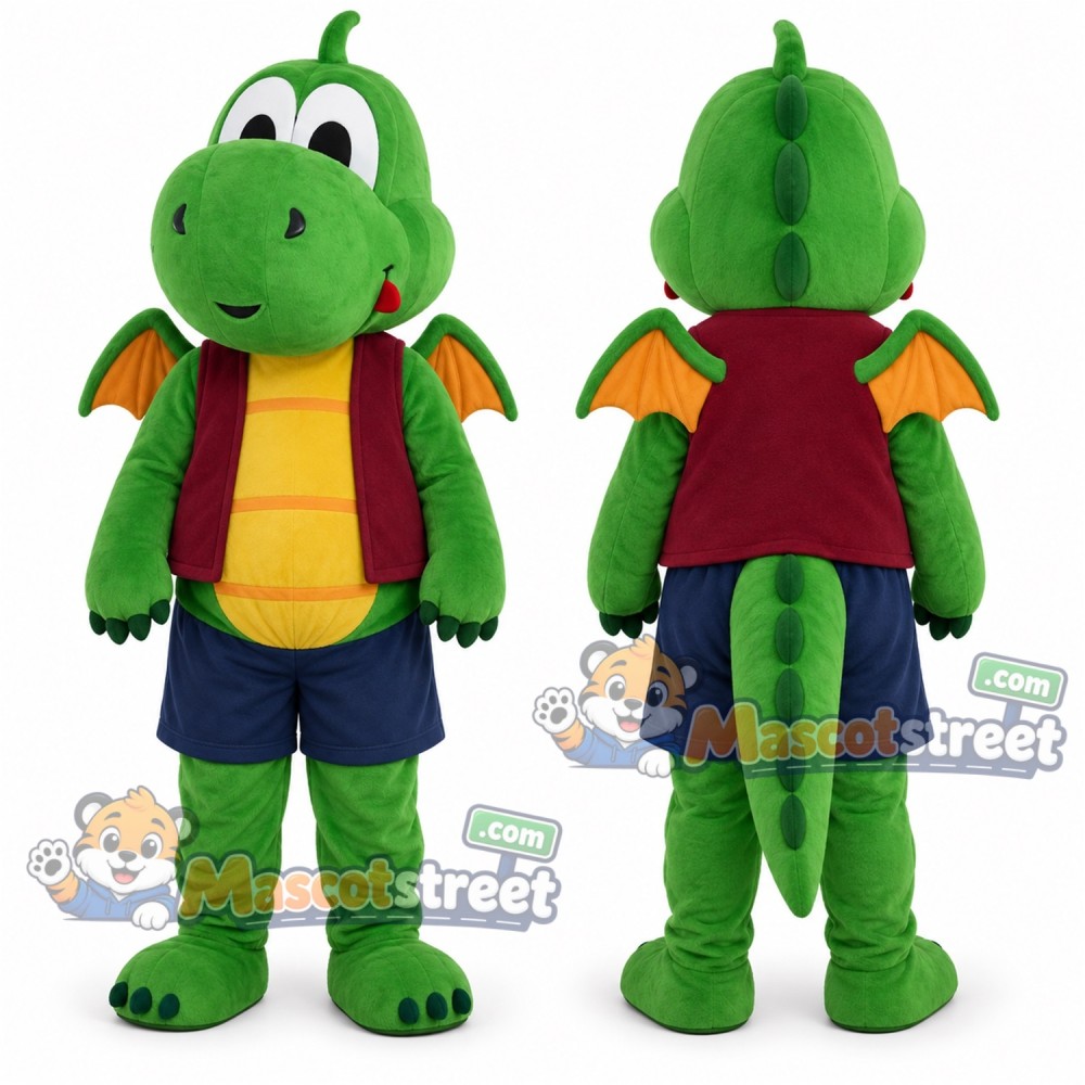 Green Dragon Mascot Costume with Burgundy Vest and Navy Shorts Green Dragon Mascot Costume with Burgundy Vest and Navy Shorts