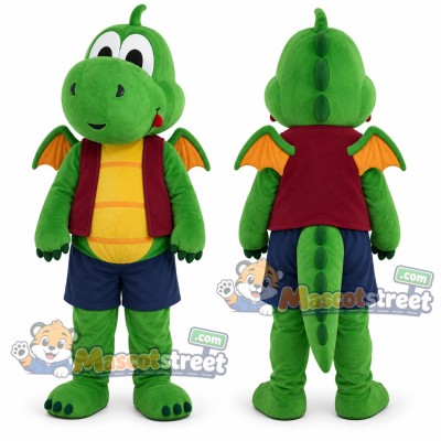 Green Dragon Mascot Costume with Burgundy Vest and Navy Shorts Green Dragon Mascot Costume with Burgundy Vest and Navy Shorts