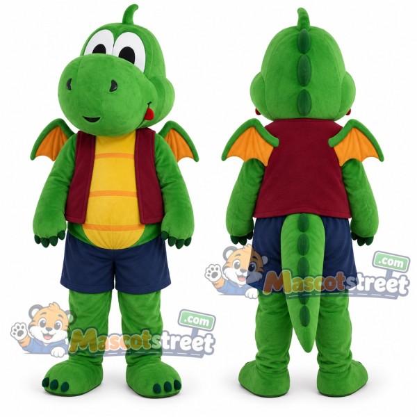 Green Dragon Mascot Costume with Burgundy Vest and Navy Shorts