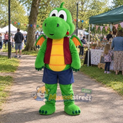 Green Dragon Mascot Costume with Burgundy Vest and Navy Shorts Green Dragon Mascot Costume with Burgundy Vest and Navy Shorts