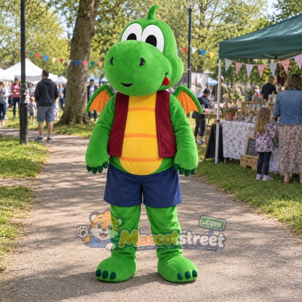 Green Dragon Mascot Costume with Burgundy Vest and Navy Shorts
