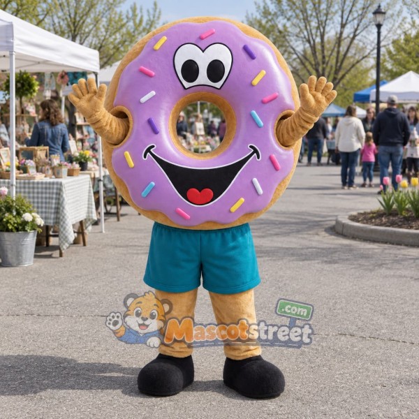Purple Doughnut Mascot Costume with Teal Shorts