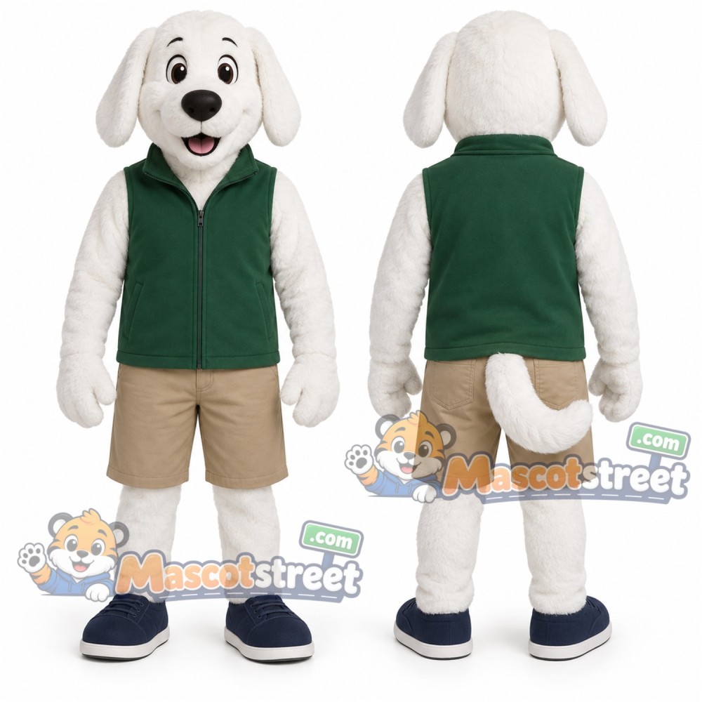 White Dog Mascot Costume with Green Vest and Tan Shorts White Dog Mascot Costume with Green Vest and Tan Shorts
