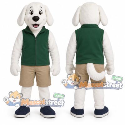 White Dog Mascot Costume with Green Vest and Tan Shorts White Dog Mascot Costume with Green Vest and Tan Shorts