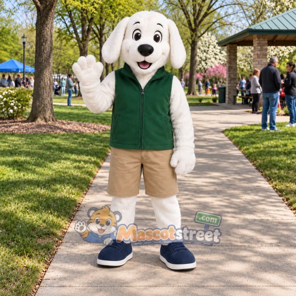 White Dog Mascot Costume with Green Vest and Tan Shorts
