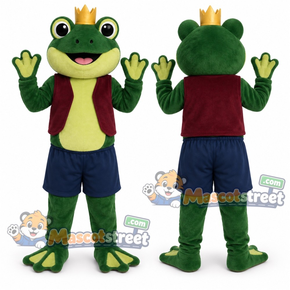 Green Frog Mascot Costume with Burgundy Vest, Navy Shorts and Crown Green Frog Mascot Costume with Burgundy Vest, Navy Shorts and Crown