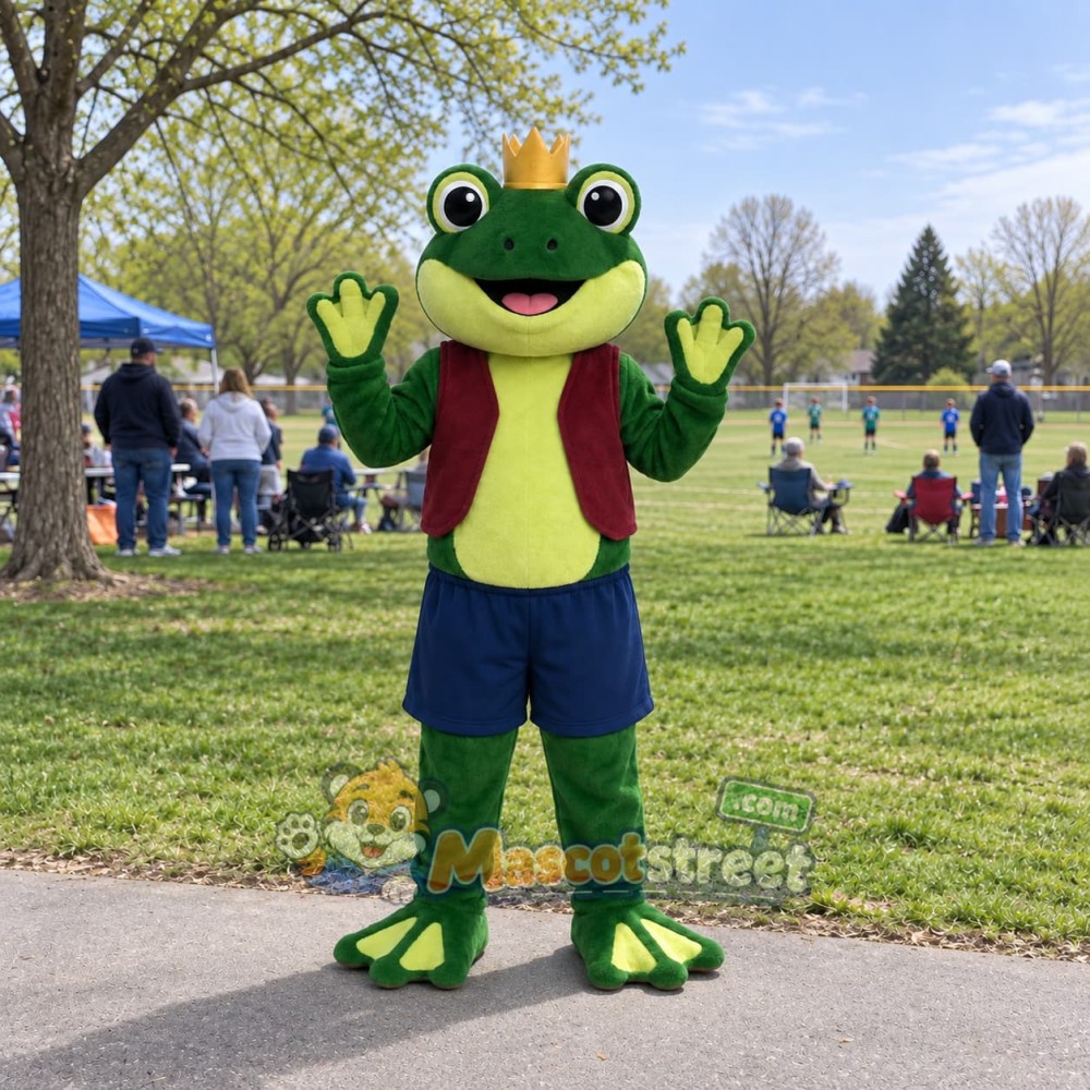 Green Frog Mascot Costume with Burgundy Vest, Navy Shorts and Crown Green Frog Mascot Costume with Burgundy Vest, Navy Shorts and Crown