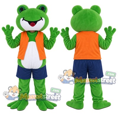 Green Frog Mascot Costume with Orange Vest and Navy Shorts Green Frog Mascot Costume with Orange Vest and Navy Shorts