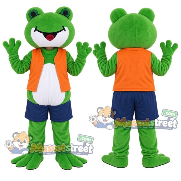 Green Frog Mascot Costume with Orange Vest and Navy Shorts