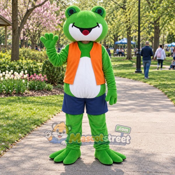 Green Frog Mascot Costume with Orange Vest and Navy Shorts