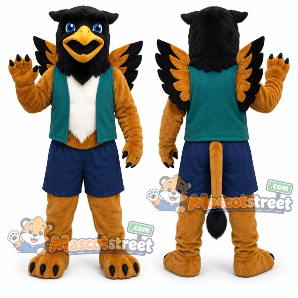 Brown Griffin Mascot Costume with Teal Vest and Navy Shorts