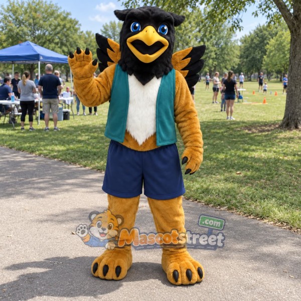 Brown Griffin Mascot Costume with Teal Vest and Navy Shorts