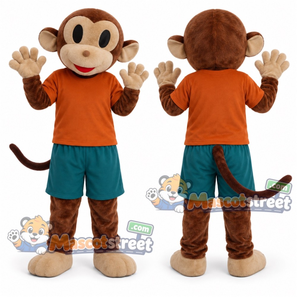 Brown Monkey Mascot Costume with Orange Shirt and Teal Shorts Brown Monkey Mascot Costume with Orange Shirt and Teal Shorts