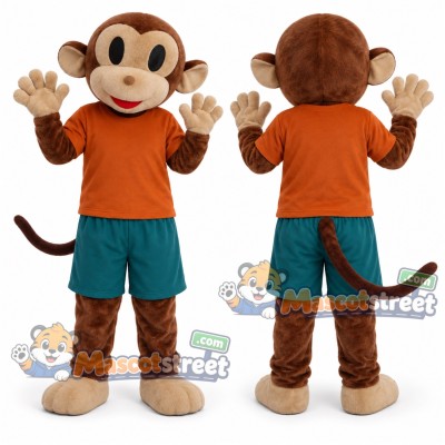 Brown Monkey Mascot Costume with Orange Shirt and Teal Shorts Brown Monkey Mascot Costume with Orange Shirt and Teal Shorts