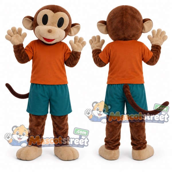 Brown Monkey Mascot Costume with Orange Shirt and Teal Shorts