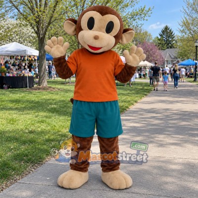 Brown Monkey Mascot Costume with Orange Shirt and Teal Shorts Brown Monkey Mascot Costume with Orange Shirt and Teal Shorts