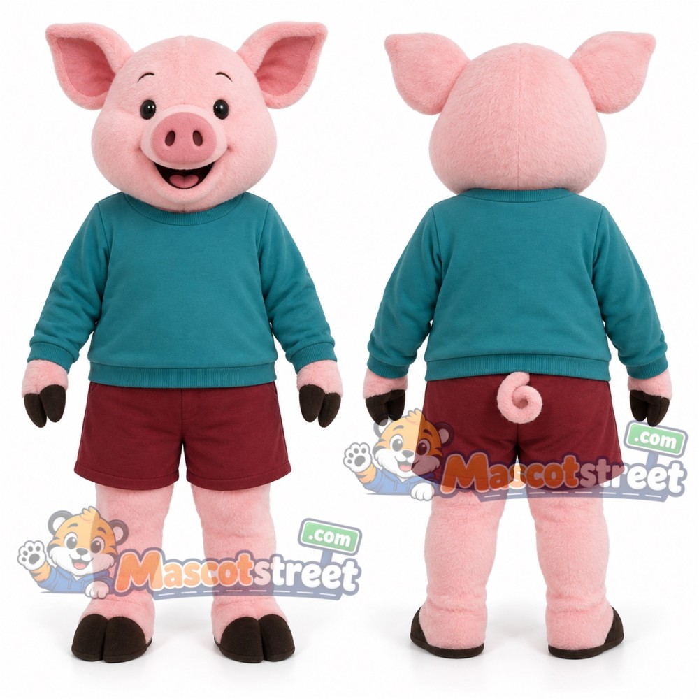 Pink Pig Mascot Costume with Teal Sweater and Burgundy Shorts