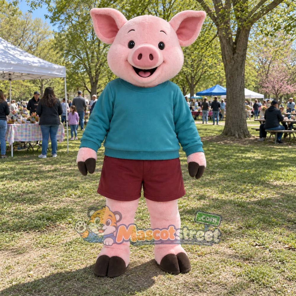 Pink Pig Mascot Costume with Teal Sweater and Burgundy Shorts