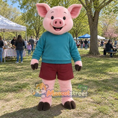 Pink Pig Mascot Costume with Teal Sweater and Burgundy Shorts