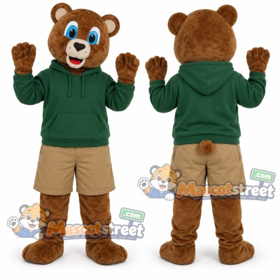 Brown Bear Mascot Costume with Green Hoodie and Tan Shorts Brown Bear Mascot Costume with Green Hoodie and Tan Shorts