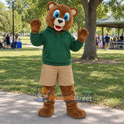 Brown Bear Mascot Costume with Green Hoodie and Tan Shorts Brown Bear Mascot Costume with Green Hoodie and Tan Shorts