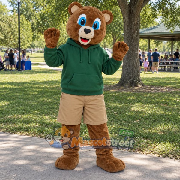 Brown Bear Mascot Costume with Green Hoodie and Tan Shorts