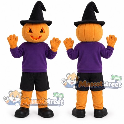 Pumpkin Mascot Costume with Purple Sweater, Black Shorts and Witch Hat