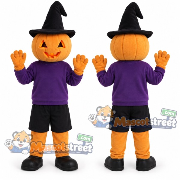 Pumpkin Mascot Costume with Purple Sweater, Black Shorts and Witch Hat