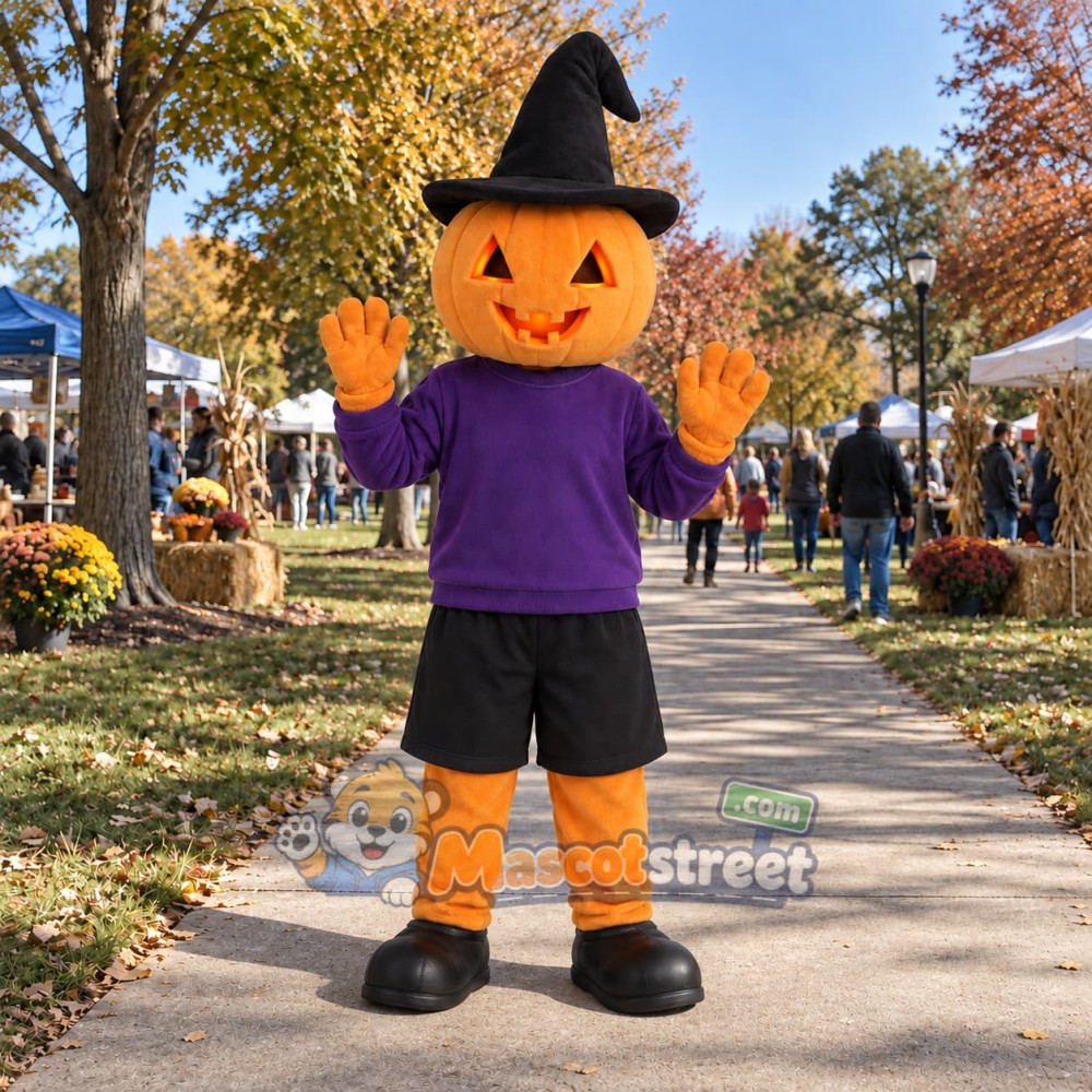 Pumpkin Mascot Costume with Purple Sweater, Black Shorts and Witch Hat