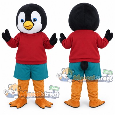 Penguin Mascot Costume with Red Shirt and Teal Shorts Penguin Mascot Costume with Red Shirt and Teal Shorts