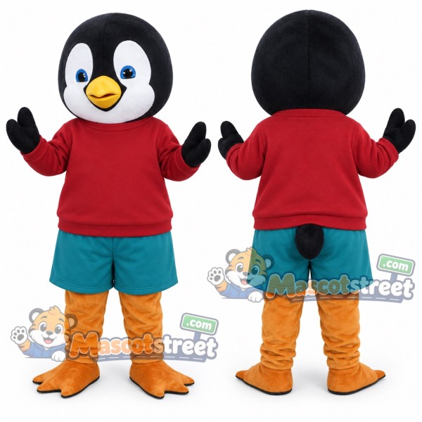 Penguin Mascot Costume with Red Shirt and Teal Shorts