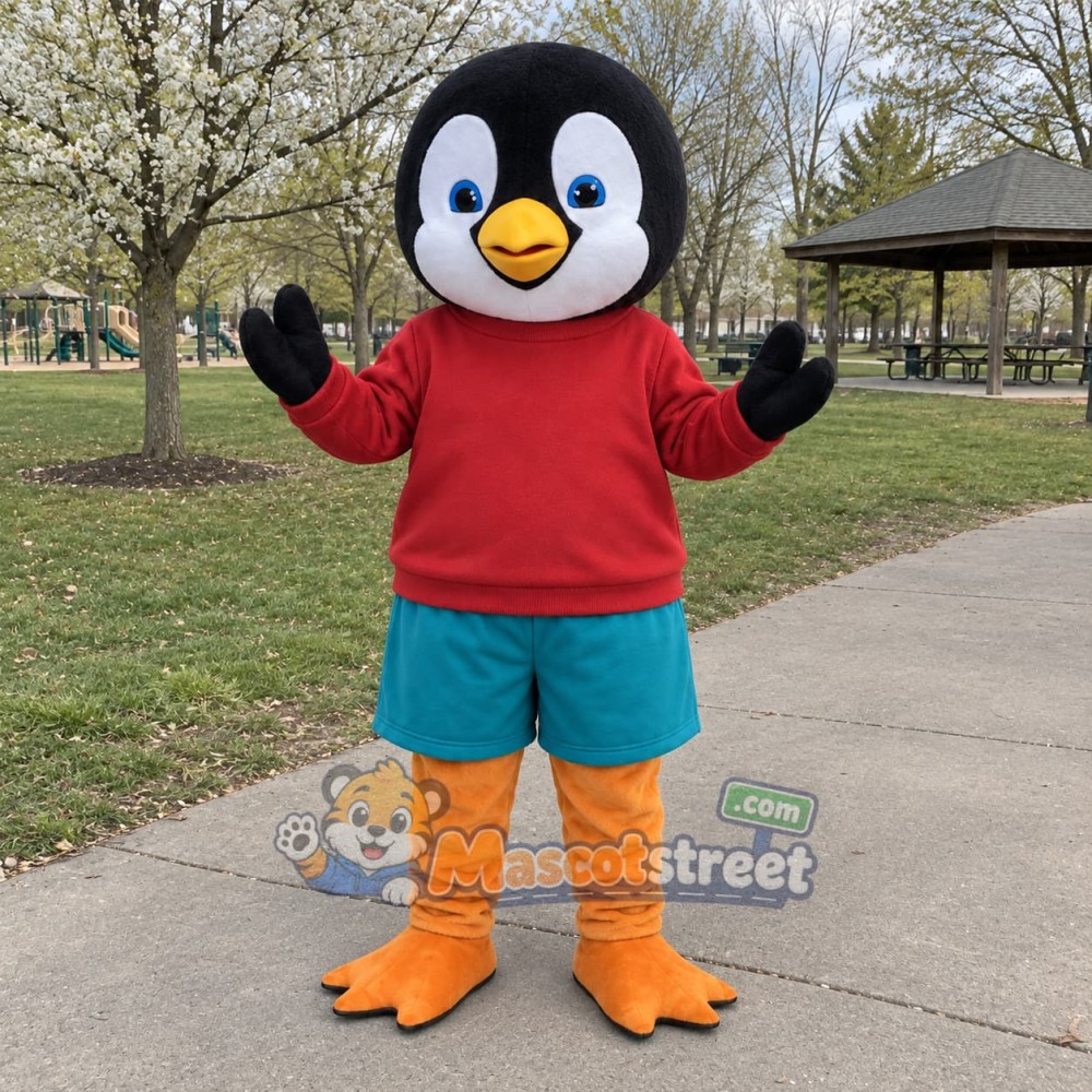Penguin Mascot Costume with Red Shirt and Teal Shorts Penguin Mascot Costume with Red Shirt and Teal Shorts
