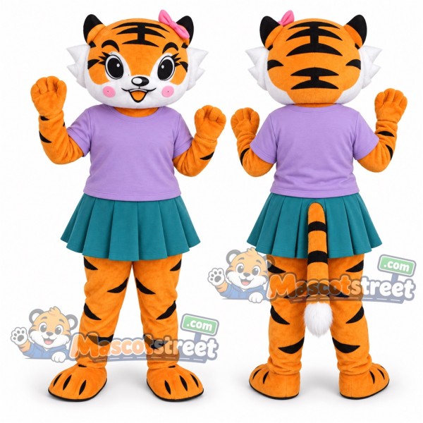 Orange Tiger Mascot Costume with Lavender Shirt and Teal Skirt