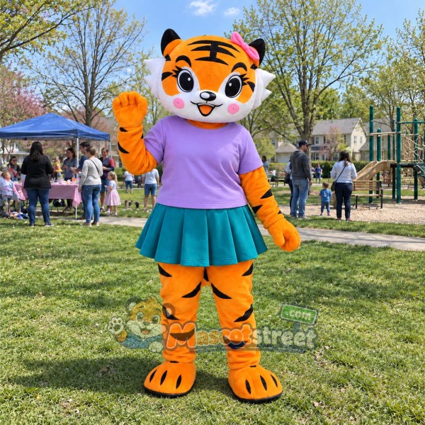 Orange Tiger Mascot Costume with Lavender Shirt and Teal Skirt